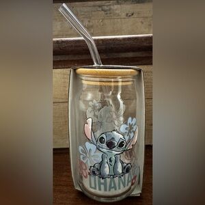 Cute 🥰 Disney STITCH  OHANA - Glass Tumbler with Bamboo Lid and Glass Straw